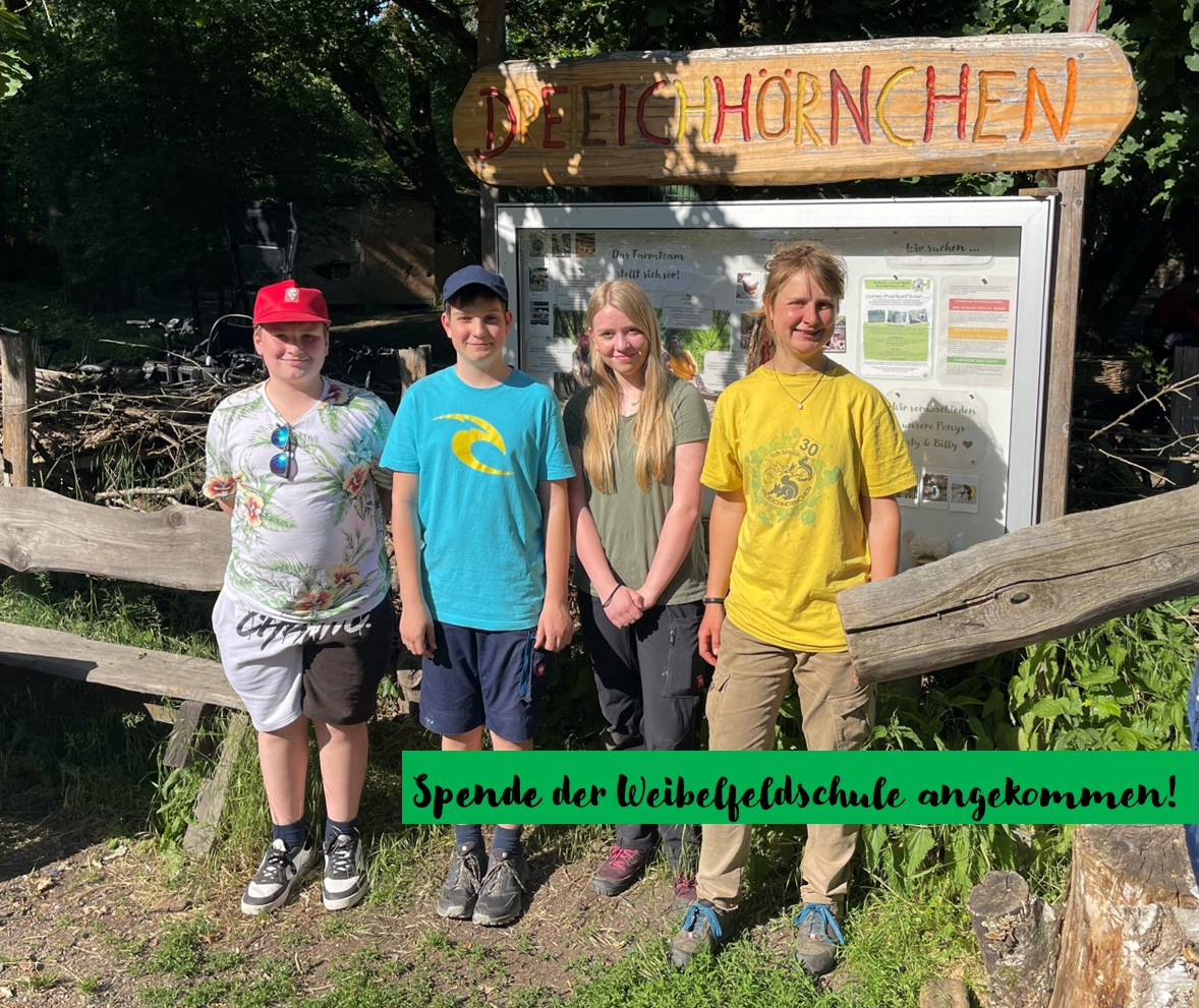 drei jugendliche stehen mit Lione vor dem Dreieichhörnchen-Schild am Farmeingang