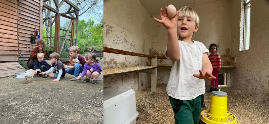 Kinder bei den Enten und Hühnern im Stall